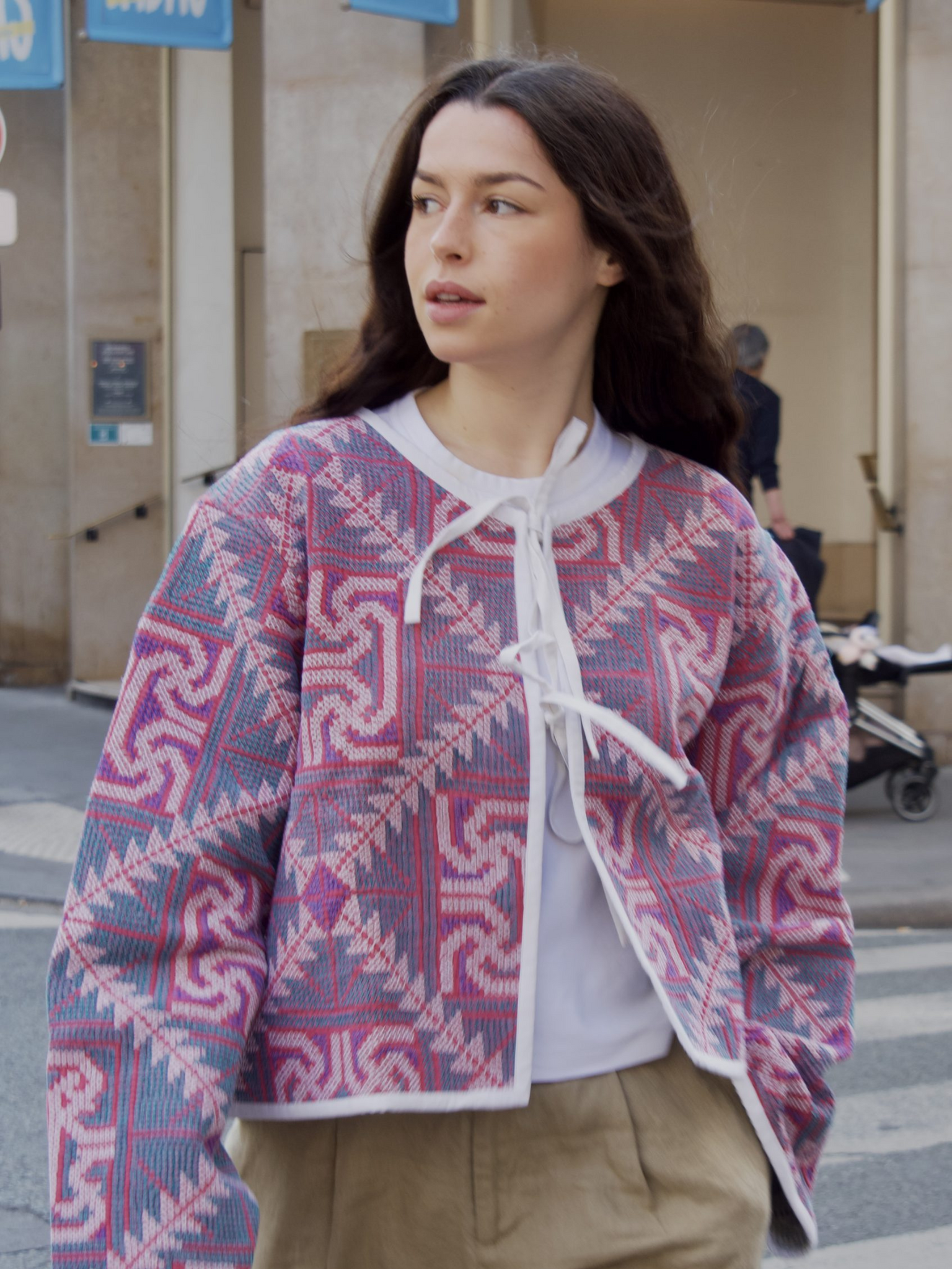 Veste cerise kantha à motifs