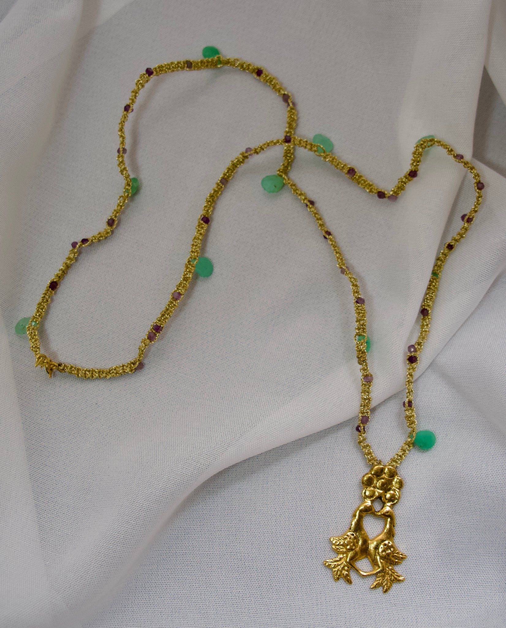 collier colombe chrysoprase et améthyste